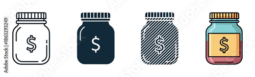 Set of four money jar icons with dollar signs representing savings, finance, and investment, shown in various graphic styles including line art, silhouette, and color