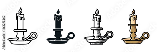 Set of four candle icons in a vintage candlestick holder showing different graphic styles including simple line art, a solid black silhouette, a hatched sketch, and a color version