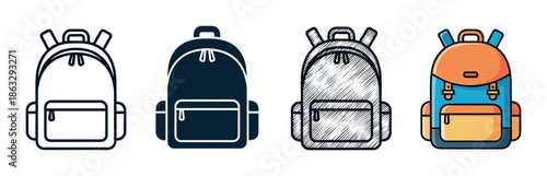 Four backpack vector icons presented in a collection of artistic styles including simple line art, solid fill, a scribbled doodle, and a flat color illustration