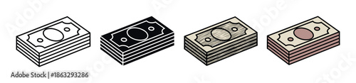 Collection of four banknote stack icons in an isometric view, featuring diverse graphic designs such as a simple outline, a black glyph, a retro sketch, and a colored cartoon