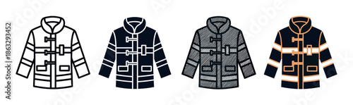 Firefighter jacket icon set with four different styles including line art, glyph, textured, and color variations for emergency services and safety concepts