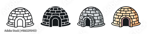 Set of four igloo house icons presented in various artistic styles, including simple line art, a solid silhouette, a monochrome drawing, and a full color cartoon illustration