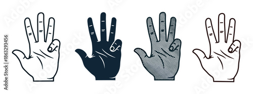 Set of four hand gesture illustrations showing the number four with raised fingers in various graphic styles like outline, silhouette, and vintage engraved hatching