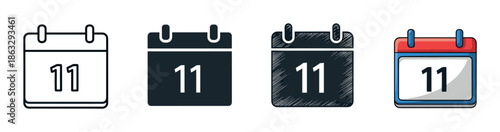 Set of four calendar icons showing the number eleven, illustrating different design styles including simple line art, solid glyph, hand-drawn sketch, and colorful cartoon