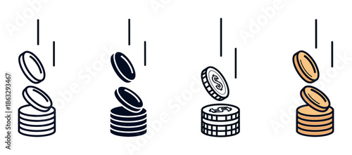 Set of four financial icons showing falling coins stacking up, illustrated in various simple styles including line art, solid silhouette, and color for business concepts