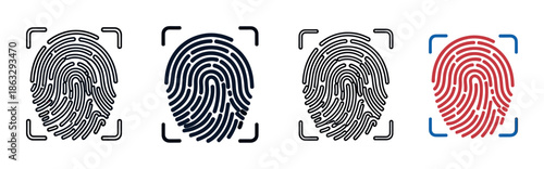 Set of four fingerprint scanner icons in various graphic styles including solid, outline, and color for biometric authentication and digital security concepts