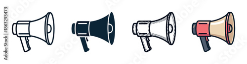 Set of four megaphone icons in different graphic styles including line art, solid fill, hand drawn sketch, and full color illustration for various design projects