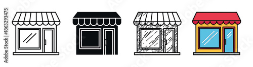 Set of four storefront icons showing different illustration styles including line art, silhouette, hand-drawn sketch, and a simple flat color version of a small shop facade