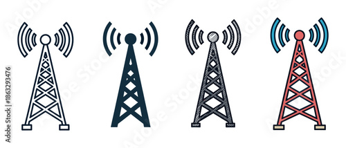 Set of four radio tower icons representing communication in different graphic styles including line art, solid silhouette, hand-drawn sketch, and color illustration
