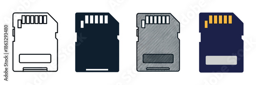 Set of four micro memory cards presented in various graphic design styles, including a simple outline, a solid silhouette, a textured version, and a flat color icon