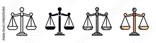 Scales of justice icon set featuring four different vector styles including simple line art, solid glyph, hand-drawn sketch, and flat color for legal or court concepts