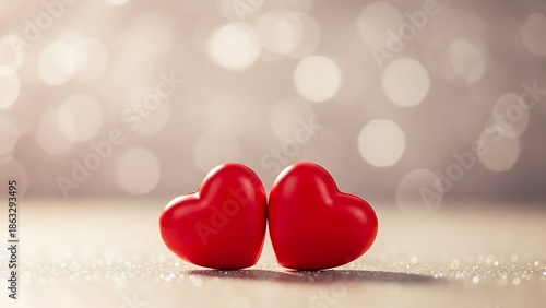 Romantic valentine's day wallpaper with twin red hearts on blurred bokeh background
