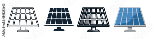 Set of four solar panel icons in different artistic styles including outline, silhouette, halftone, and flat color, representing renewable energy and photovoltaic technology