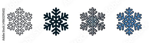 Set of four stylized snowflake icons showing different graphic design styles like outline, solid silhouette, sparkling glitter texture, and blue color fill for winter