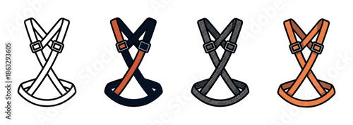 Set of four safety harness icons for fall protection and climbing, presented in various vector styles including outline, color, and hand-drawn doodle for industrial use
