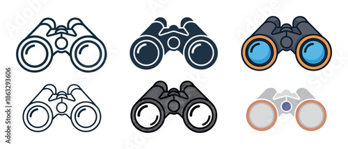 Collection of six binocular icons presented in various design styles including line art, glyph, flat color, and hand-drawn sketch for graphic design and web elements