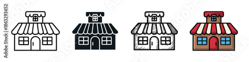 Set of four store icons showing different artistic styles including line art, glyph, hand-drawn sketch, and a full color cartoon illustration of a small shop with an awning