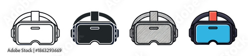 Set of four virtual reality headset icons in different styles including line art, solid glyph, sketch, and full color cartoon illustration for technology concepts