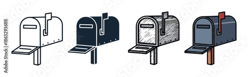 Four classic mailbox illustrations in a set showing various artistic styles like outline, solid silhouette, hand-drawn sketch, and a simple colored cartoon design