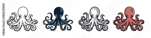 Set of four octopus illustrations in various artistic styles, including a simple outline, a dark silhouette, a classic engraving, and a full-color cartoon drawing