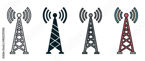 Set of four radio tower antenna icons in various graphic styles including line art, silhouette, sketch, and color, symbolizing broadcasting and wireless communication