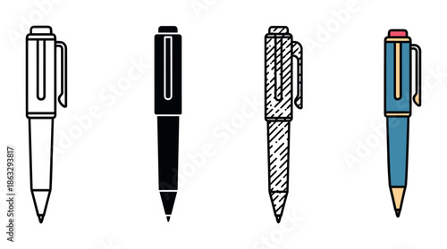 Set of four ballpoint pen icons presented in a row, showing different artistic styles including outline, silhouette, hand-drawn doodle, and a full color version