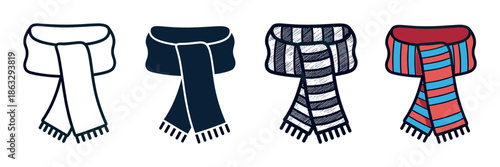 Set of four winter scarves illustrations in various styles including outline, solid silhouette, hand-drawn sketch, and a colorful striped pattern for cold weather apparel