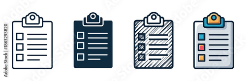 Set of four clipboard checklist icons in different graphic styles including simple line art, a solid glyph, a hand drawn sketch, and a colorful cartoon illustration