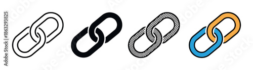 Set of four chain link icons in a row, featuring various graphic styles such as simple outline, solid silhouette, diagonal hatching, and a colorful blue and orange design