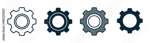 Set of four gear icons in various minimalist styles including outline, solid fill, and textured design, representing mechanics, engineering, and user interface settings