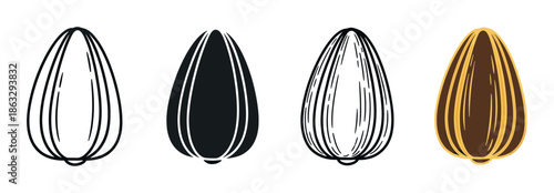 Collection of four sunflower seed illustrations showing different graphic styles, including a simple outline, a black silhouette, detailed line art, and a full-color version