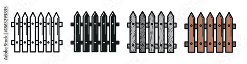 Set of four wooden picket fence icons showing different graphic design styles including outline, silhouette, hand-drawn sketch, and simple flat color vector illustration