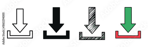 Set of four download icons in different styles including outline, solid, hand-drawn, and color variations for user interface design and web applications