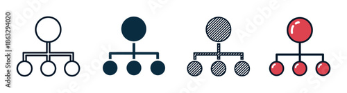 Set of four organizational chart icons showing a simple hierarchy in different visual styles including outline, solid fill, pattern, and a glossy red color version