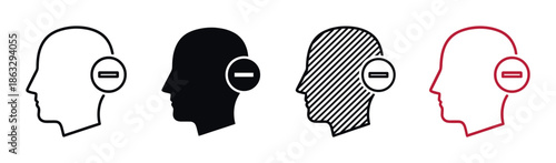 Human head profile icons with a minus sign, a collection of four distinct styles including outline, solid, and hatched for concepts like user deletion or account removal
