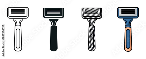 Set of four disposable razor icons presented in various graphic design styles, including a simple outline, a solid black silhouette, a hatched pattern, and a full-color version