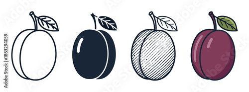 Set of four plum fruit icons showing different artistic styles including a simple outline, solid silhouette, engraved hatching, and a full color cartoon illustration