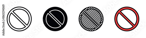 Set of four prohibition sign icons showing different graphic styles, including outline, solid, hatched, and classic red, representing concepts of restriction and denial
