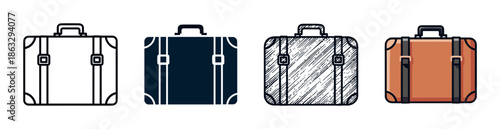 Set of four vintage suitcase illustrations showing different graphic styles including outline, silhouette, hand-drawn sketch, and a full color version for travel concepts