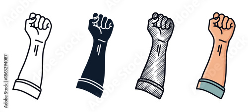 Set of four raised fist illustrations in different graphic styles, including outline, silhouette, sketch, and color, symbolizing protest, power, and solidarity