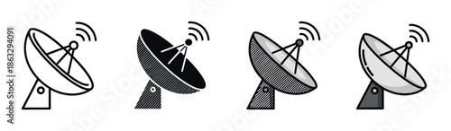 Set of four satellite dish icons in various graphic styles, including simple outline, solid silhouette, and color fill, each depicting a parabolic antenna transmitting a signal