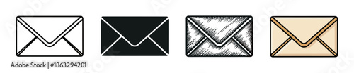 Set of four envelope icons showing different graphical styles, including a clean outline, a solid silhouette, a vintage hand-drawn sketch, and a simple color cartoon