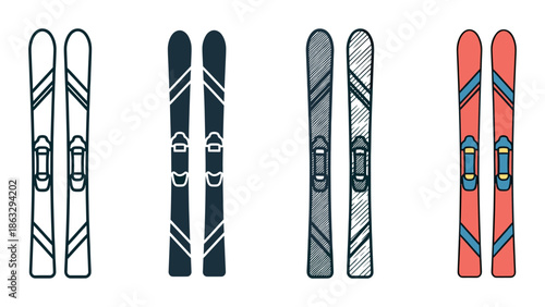 Four pairs of alpine skis illustrated in a set of different graphic styles, including line art, silhouette, hand-drawn sketch, and a simple colored cartoon for winter sports