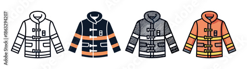 Set of four firefighter protective jackets shown in various artistic styles including line art, flat color, hand-drawn sketch, and a detailed cartoon illustration