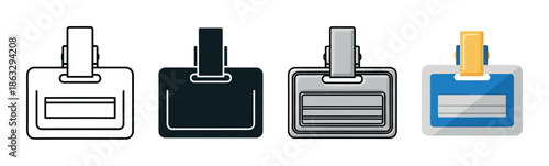 ID badge holder icon set featuring four distinct styles including outline, silhouette, detailed monochrome, and flat color vector illustrations for graphic design elements