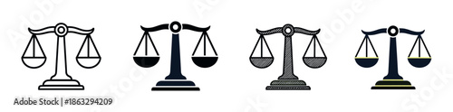 Set of four scales of justice icons presented in a row, showcasing different graphic styles like outline, solid silhouette, hatched sketch, and flat color design