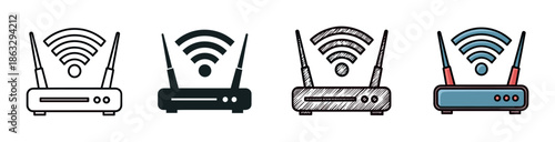 Set of four wireless router modem icons with antennas, illustrated in outline, silhouette, hand-drawn sketch, and colorful cartoon styles for graphic design elements