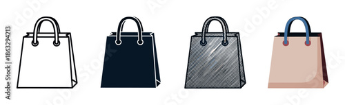 Set of four shopping bag icons presented in various artistic styles, including a simple outline, a solid silhouette, an engraved hatching texture, and a flat color design