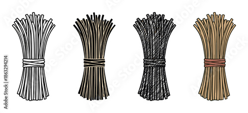 Set of four hand-drawn sheaf illustrations in various styles including line art, silhouette, sketch, and color, depicting a rustic bundle of wheat or hay
