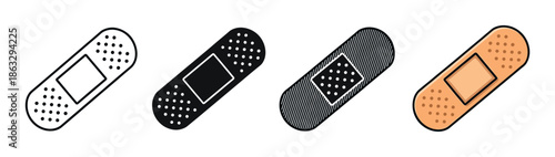 Set of four adhesive bandage icons in various graphic styles including outline, silhouette, pattern, and color, representing medical first aid and wound care